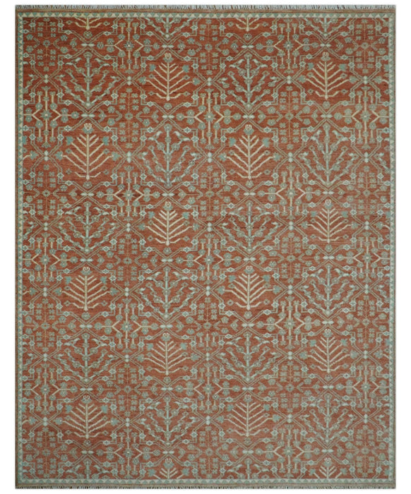 Hand knotted Multi Size Rust and Aqua Floral wool Area Rug