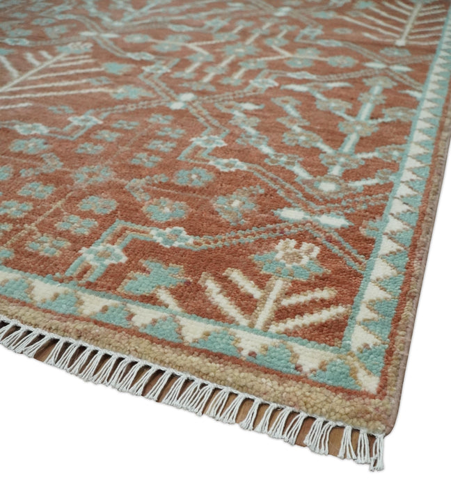 Hand knotted Multi Size Rust and Aqua Floral wool Area Rug