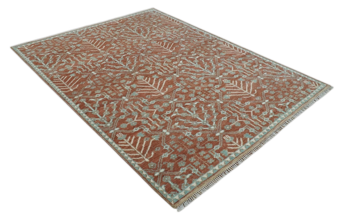 Hand knotted Multi Size Rust and Aqua Floral wool Area Rug