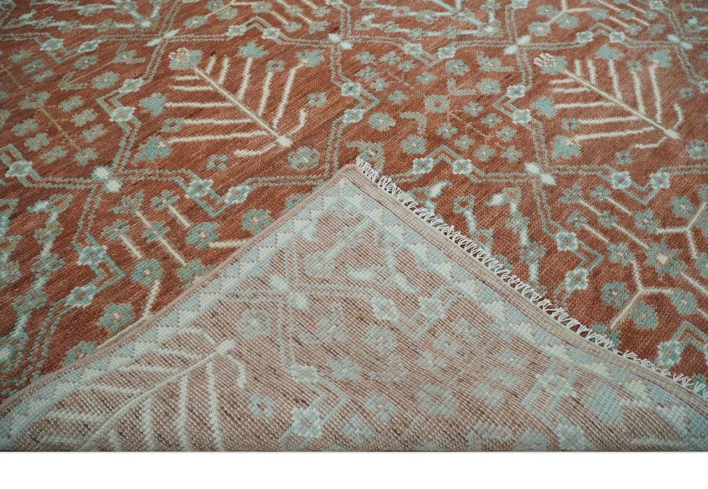 Hand knotted Multi Size Rust and Aqua Floral wool Area Rug