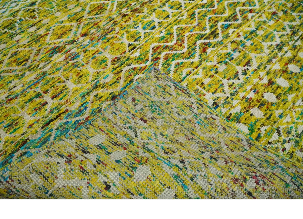 Hand Knotted Mustard, Aqua, Brown and Ivory 5.6x8.6 Modern Contemporary Southwestern Tribal Trellis Recycled Art Silk Area Rug