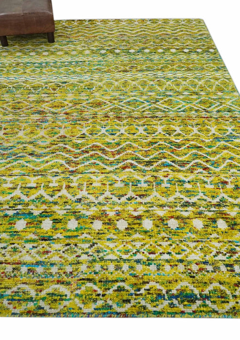 Hand Knotted Mustard, Aqua, Brown and Ivory 5.6x8.6 Modern Contemporary Southwestern Tribal Trellis Recycled Art Silk Area Rug