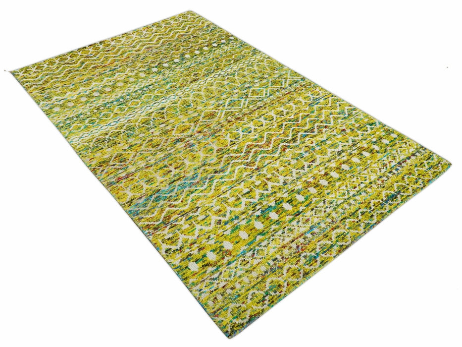 Hand Knotted Mustard, Aqua, Brown and Ivory 5.6x8.6 Modern Contemporary Southwestern Tribal Trellis Recycled Art Silk Area Rug