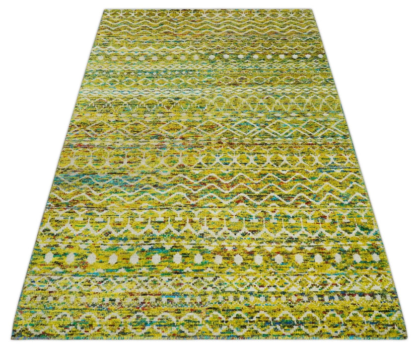 Hand Knotted Mustard, Aqua, Brown and Ivory 5.6x8.6 Modern Contemporary Southwestern Tribal Trellis Recycled Art Silk Area Rug