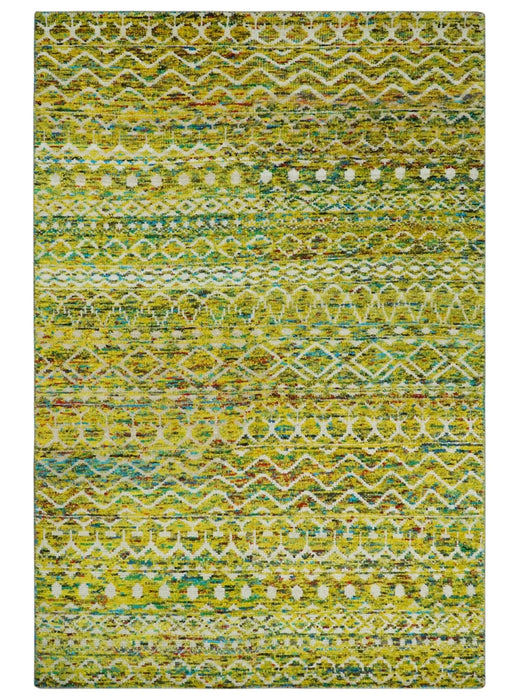 Hand Knotted Mustard, Aqua, Brown and Ivory 5.6x8.6 Modern Contemporary Southwestern Tribal Trellis Recycled Art Silk Area Rug