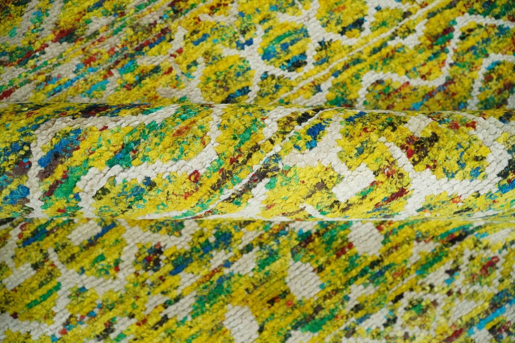 Hand Knotted Mustard, Aqua, Brown and Ivory 5.6x8.6 Modern Contemporary Southwestern Tribal Trellis Recycled Art Silk Area Rug