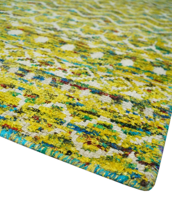 Hand Knotted Mustard, Aqua, Brown and Ivory 5.6x8.6 Modern Contemporary Southwestern Tribal Trellis Recycled Art Silk Area Rug