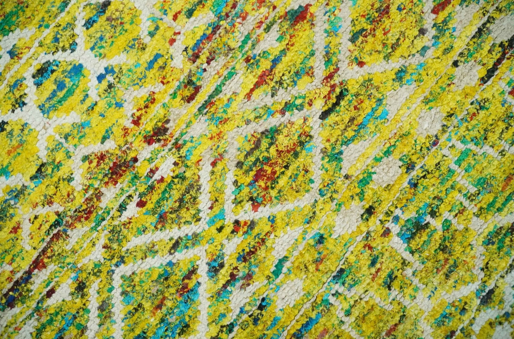 Hand Knotted Mustard, Aqua, Brown and Ivory 5.6x8.6 Modern Contemporary Southwestern Tribal Trellis Recycled Art Silk Area Rug