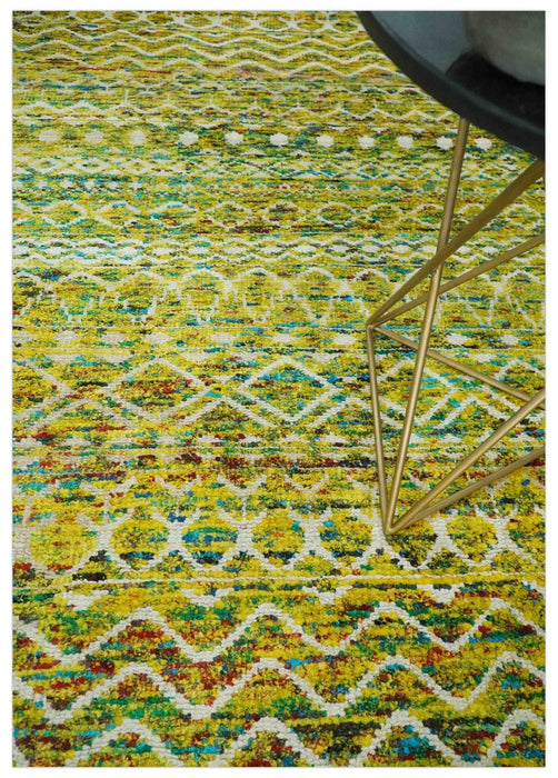 Hand Knotted Mustard, Aqua, Brown and Ivory 5.6x8.6 Modern Contemporary Southwestern Tribal Trellis Recycled Art Silk Area Rug