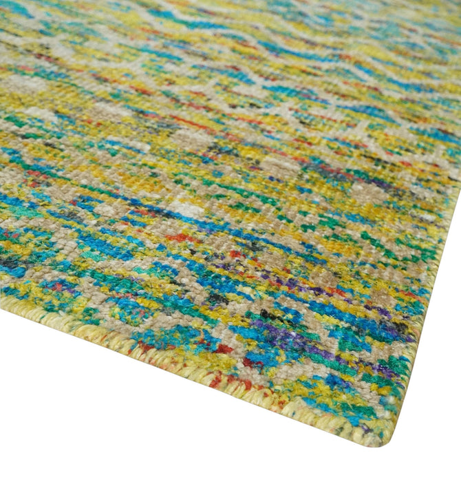 Hand Knotted Mustard, Aqua, Brown and Ivory 5.7x9 Modern Contemporary Southwestern Tribal Trellis Recycled Art Silk Area Rug