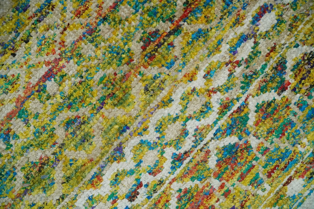 Hand Knotted Mustard, Aqua, Brown and Ivory 5.7x9 Modern Contemporary Southwestern Tribal Trellis Recycled Art Silk Area Rug