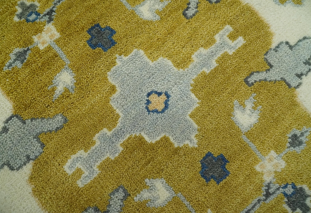 Hand Knotted Mustard, Ivory and Blue Traditional Oriental Oushak 6x9 wool area rug