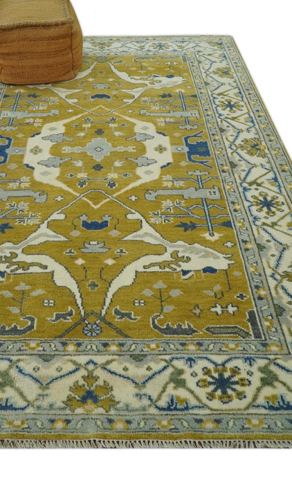 Hand Knotted Mustard, Ivory and Blue Traditional Oriental Oushak 6x9 wool area rug