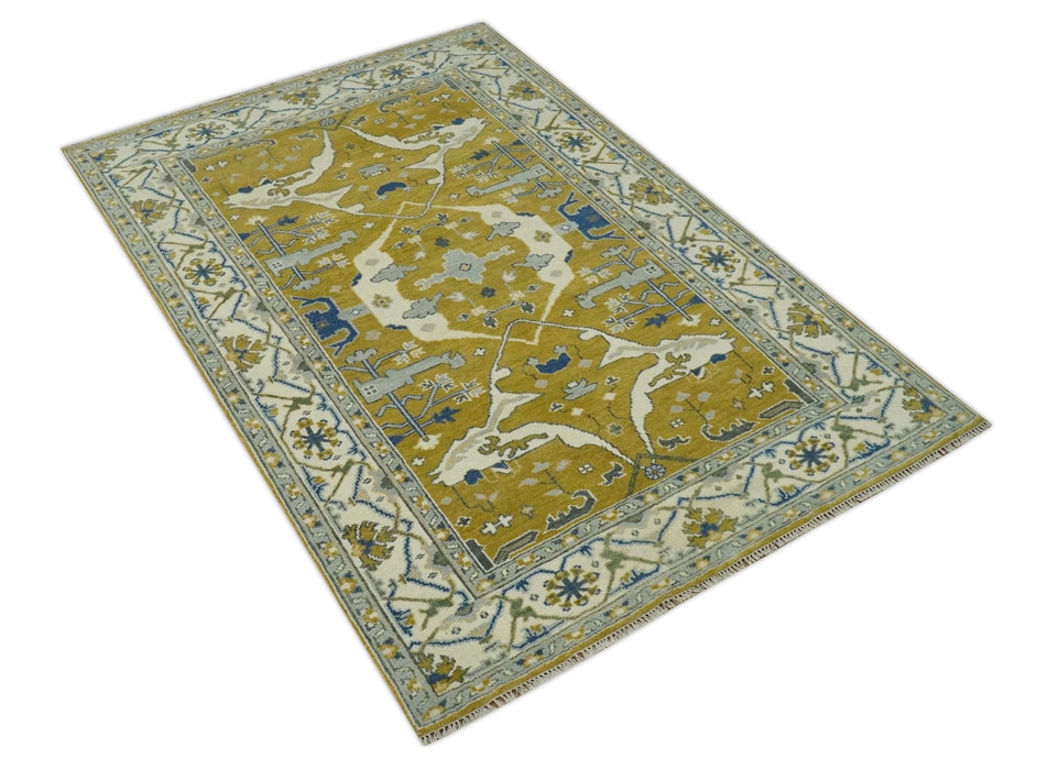 Hand Knotted Mustard, Ivory and Blue Traditional Oriental Oushak 6x9 wool area rug