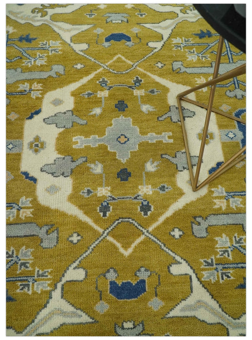 Hand Knotted Mustard, Ivory and Blue Traditional Oriental Oushak 6x9 wool area rug