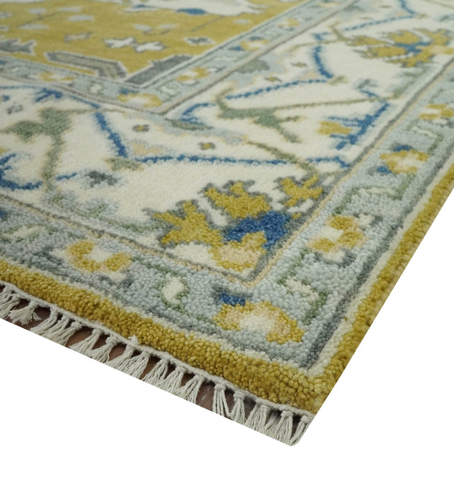 Hand Knotted Mustard, Ivory and Blue Traditional Oriental Oushak 6x9 wool area rug
