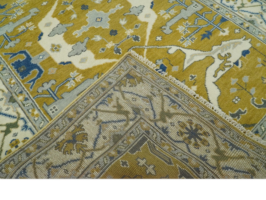 Hand Knotted Mustard, Ivory and Blue Traditional Oriental Oushak 6x9 wool area rug