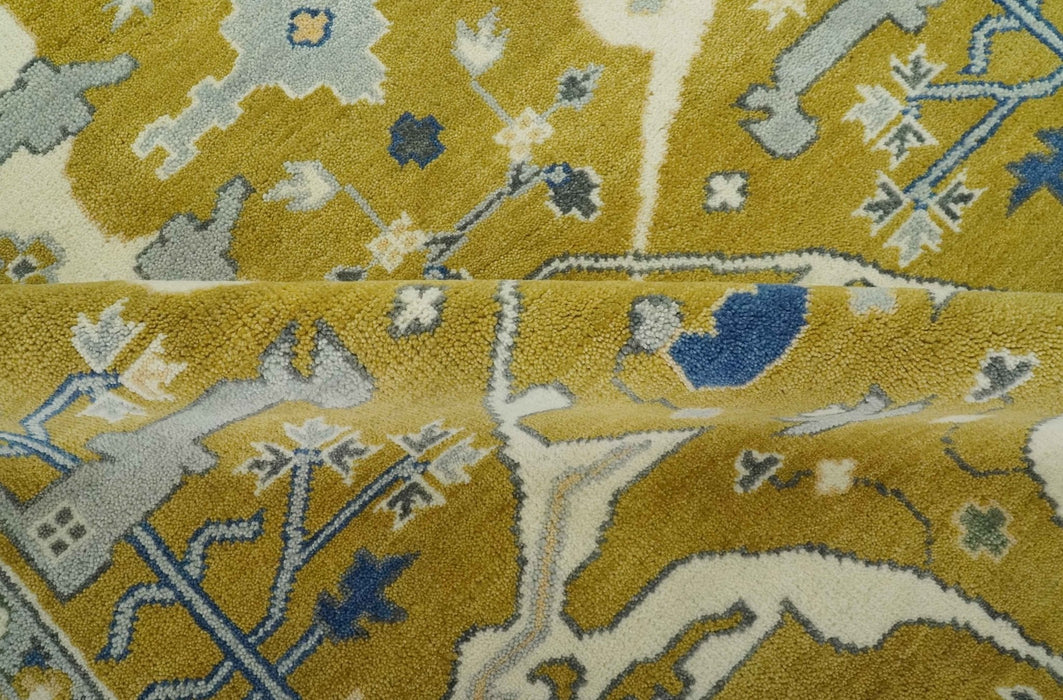 Hand Knotted Mustard, Ivory and Blue Traditional Oriental Oushak 6x9 wool area rug
