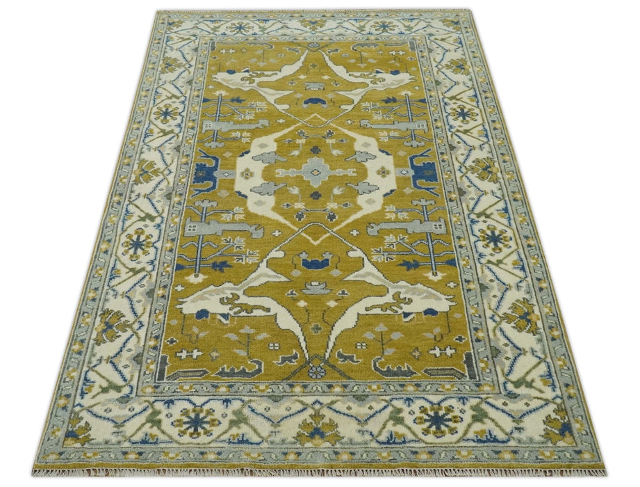 Hand Knotted Mustard, Ivory and Blue Traditional Oriental Oushak 6x9 wool area rug