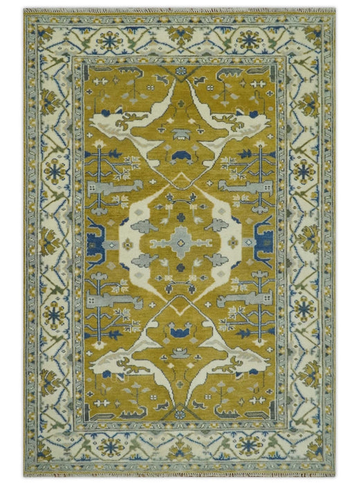 Hand Knotted Mustard, Ivory and Blue Traditional Oriental Oushak 6x9 wool area rug