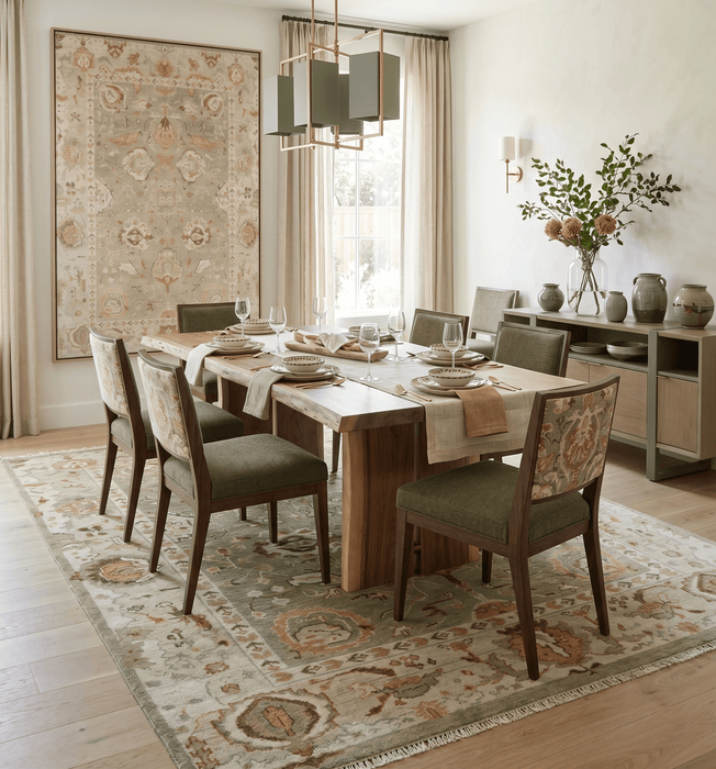 Hand Knotted Olive and Ivory Traditional Oushak Wool Rug