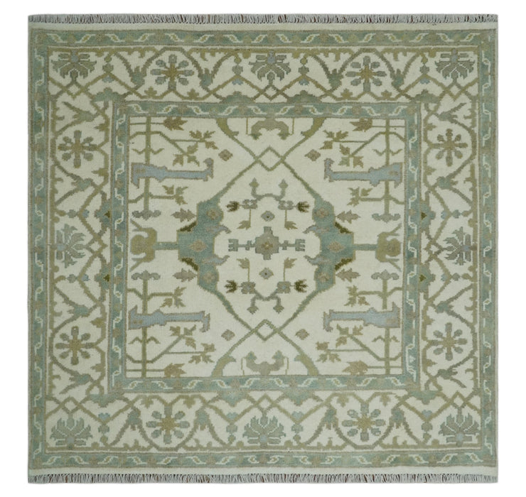 Hand Knotted Oriental Oushak Ivory and Teal Wool Area Rug