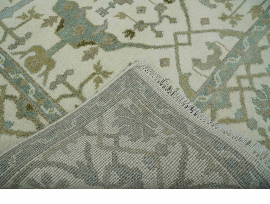 Hand Knotted Oriental Oushak Ivory and Teal Wool Area Rug