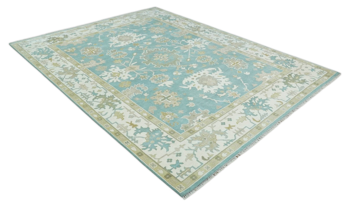 Hand Knotted Oriental Oushak Teal, Ivory and Beige Wool Area Rug