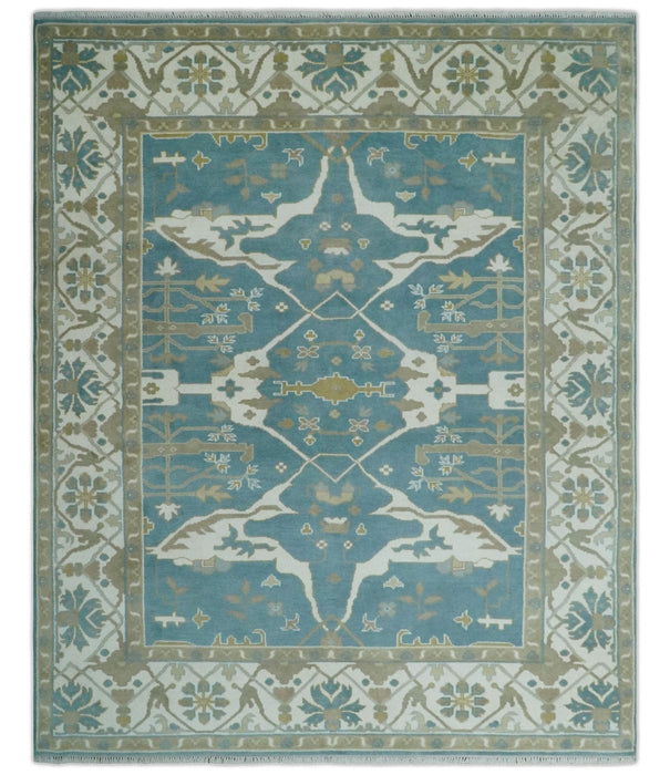 Hand Knotted Oriental Oushak Teal, Ivory and Beige Wool Area Rug