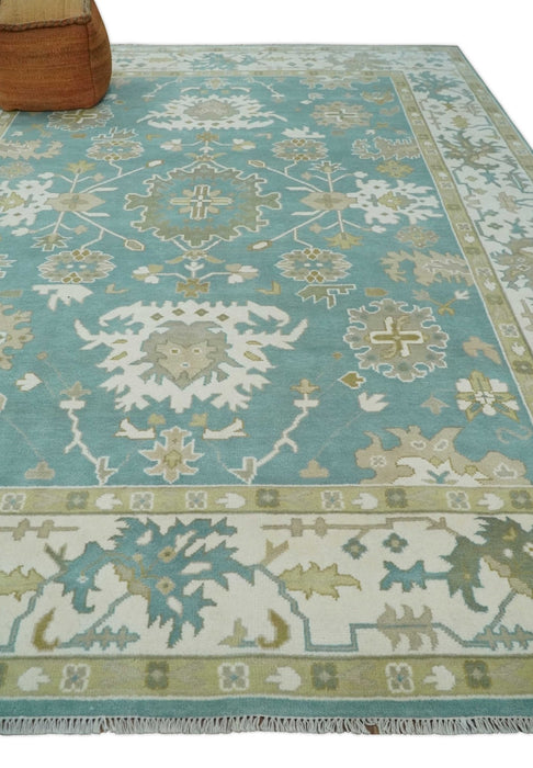 Hand Knotted Oriental Oushak Teal, Ivory and Beige Wool Area Rug