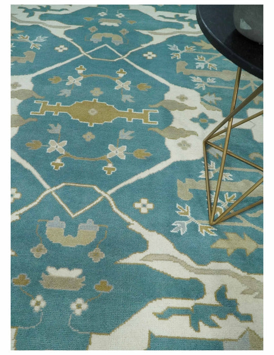 Hand Knotted Oriental Oushak Teal, Ivory and Beige Wool Area Rug