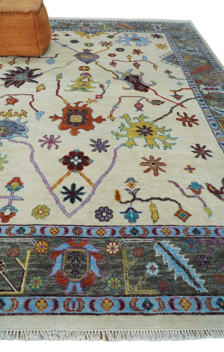 Hand Knotted Ivory, Gray and Blue Traditional Oushak Multi Size Wool Area Rug