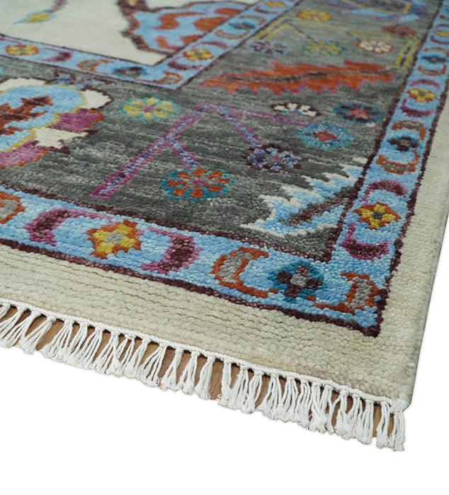 Hand Knotted Ivory, Gray and Blue Traditional Oushak Multi Size Wool Area Rug