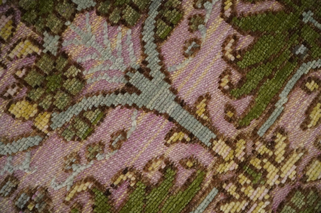 Hand Knotted Pink, Green and Beige Floral Traditional Antique Style Wool Area Rug