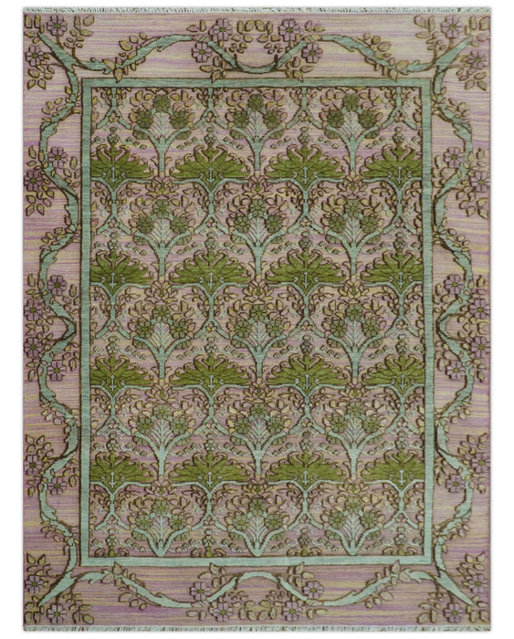 Hand Knotted Pink, Green and Beige Floral Traditional Antique Style Wool Area Rug