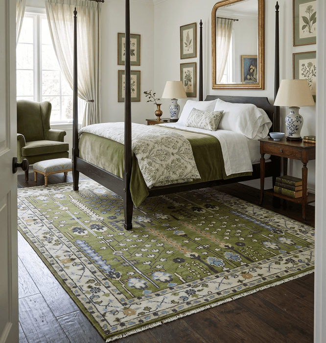 Hand Knotted Royal Green and Ivory Traditional Turkish Style Tree Of Life Multi Size Wool Area Rug