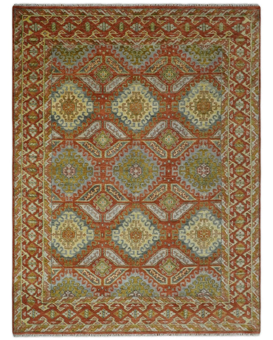 Hand Knotted Rust and Beige Oriental Traditional 9x12 Wool Area Rug, Living Room and Bedroom Rug