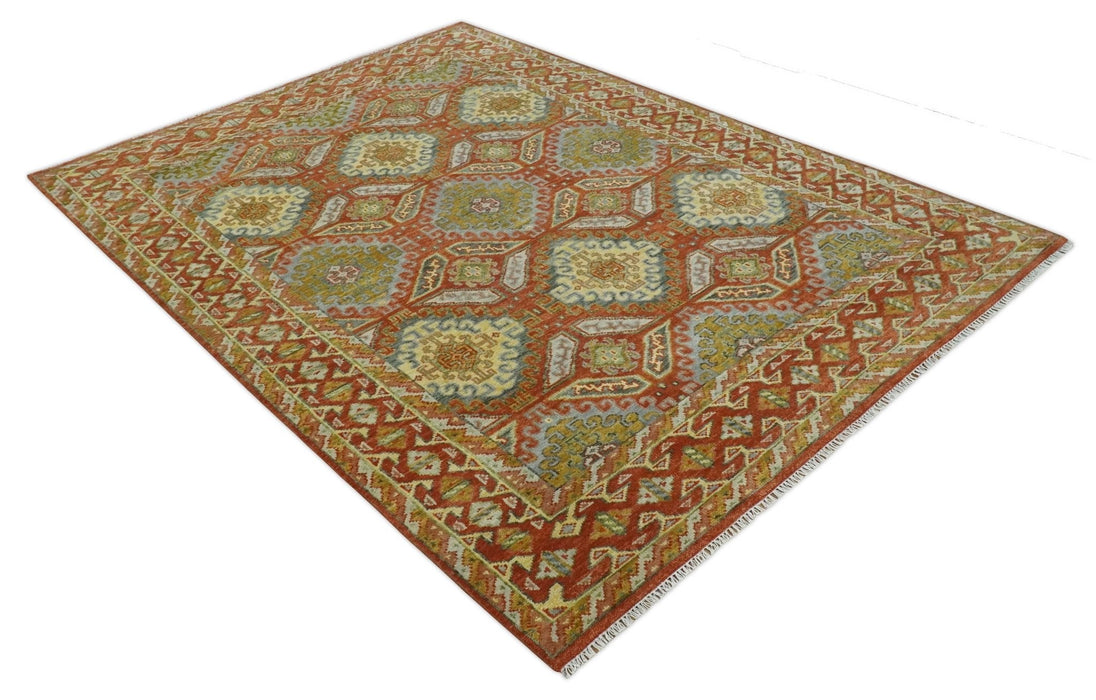 Hand Knotted Rust and Beige Oriental Traditional 9x12 Wool Area Rug, Living Room and Bedroom Rug