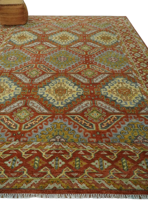 Hand Knotted Rust and Beige Oriental Traditional 9x12 Wool Area Rug, Living Room and Bedroom Rug