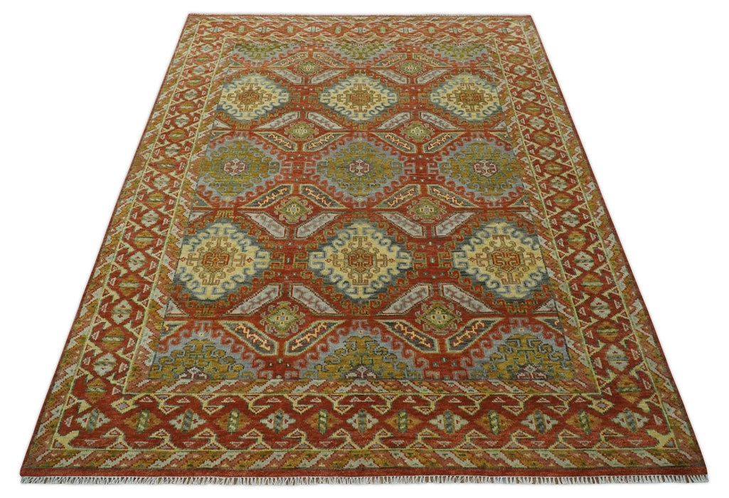 Hand Knotted Rust and Beige Oriental Traditional 9x12 Wool Area Rug, Living Room and Bedroom Rug