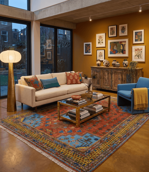 Hand Knotted Rust and Blue Traditional Floral Multi Size Wool Area Rug