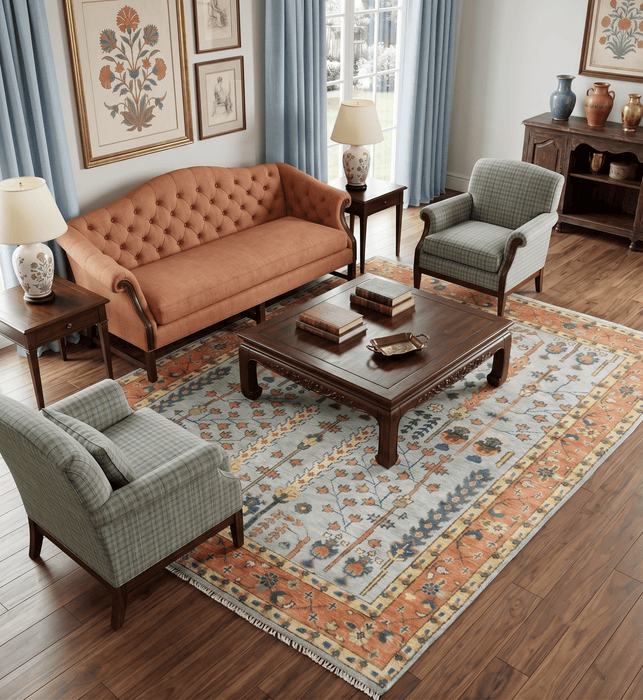 Hand Knotted Rust and Blue Traditional Turkish Tree of Life Multi Size Wool Rug