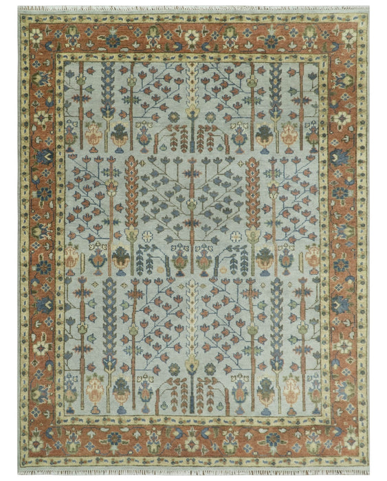 Hand Knotted Rust and Blue Traditional Turkish Tree of Life Multi Size Wool Rug