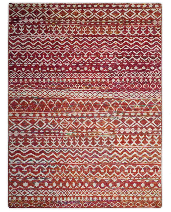 Hand Knotted Rust and Ivory Contemporary Southwestern Tribal Trellis Recycled Silk Rug