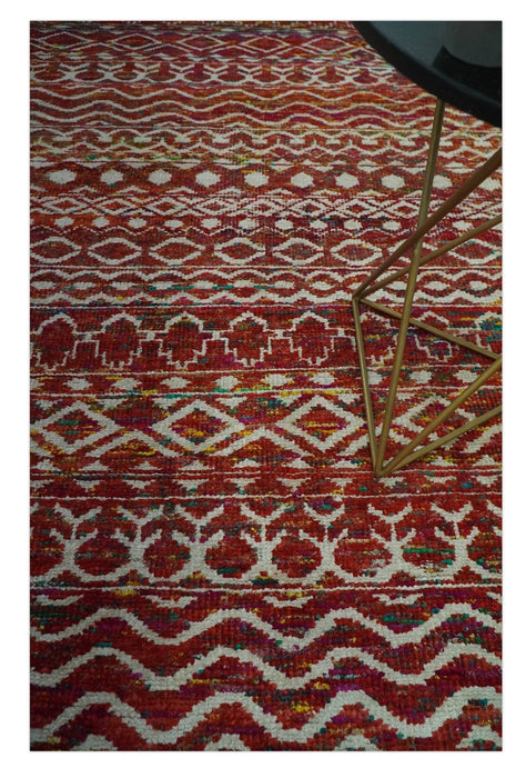 Hand Knotted Rust and Ivory Contemporary Southwestern Tribal Trellis Recycled Silk Rug