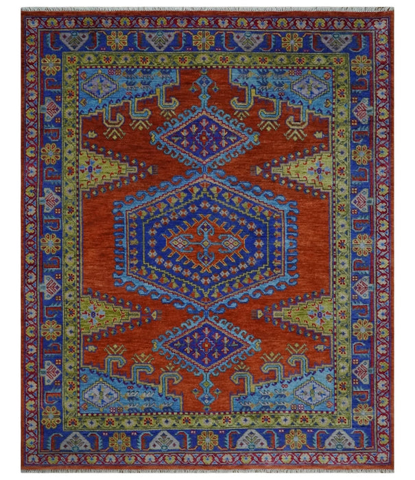 Hand Knotted Rust, Blue and Olive Traditional 8x10 Antique Style Wool Area Rug
