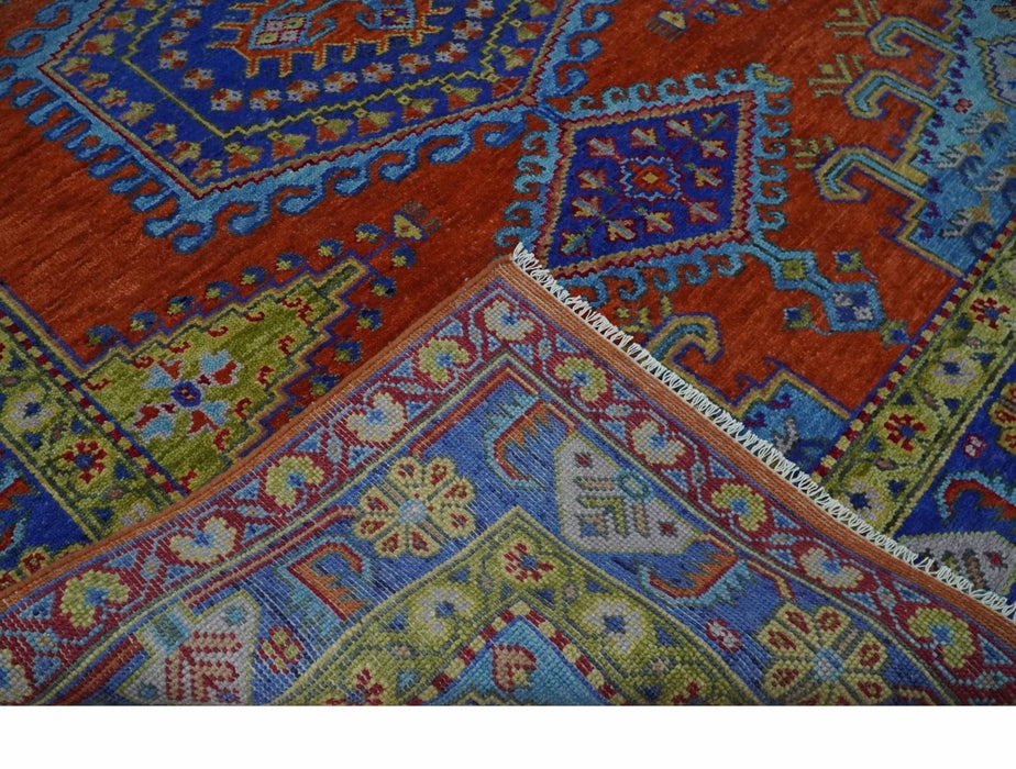 Hand Knotted Rust, Blue and Olive Traditional 8x10 Antique Style Wool Area Rug