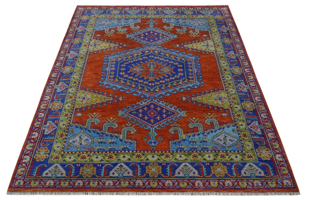 Hand Knotted Rust, Blue and Olive Traditional 8x10 Antique Style Wool Area Rug