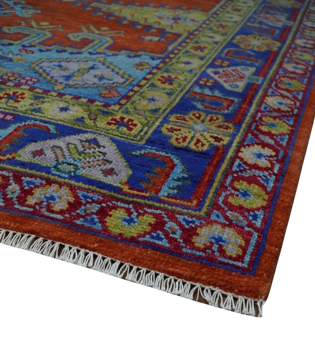 Hand Knotted Rust, Blue and Olive Traditional 8x10 Antique Style Wool Area Rug