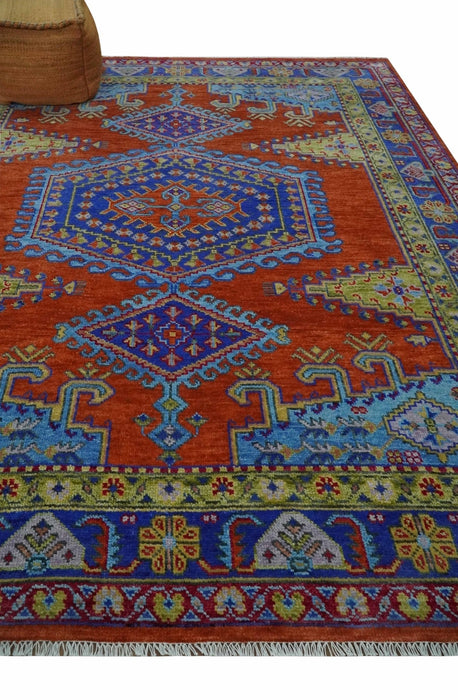Hand Knotted Rust, Blue and Olive Traditional 8x10 Antique Style Wool Area Rug